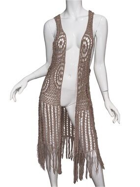 💖 Tan Sheer Open Knit Crochet Fringe Duster Vest Boho Western Festival Hippie
